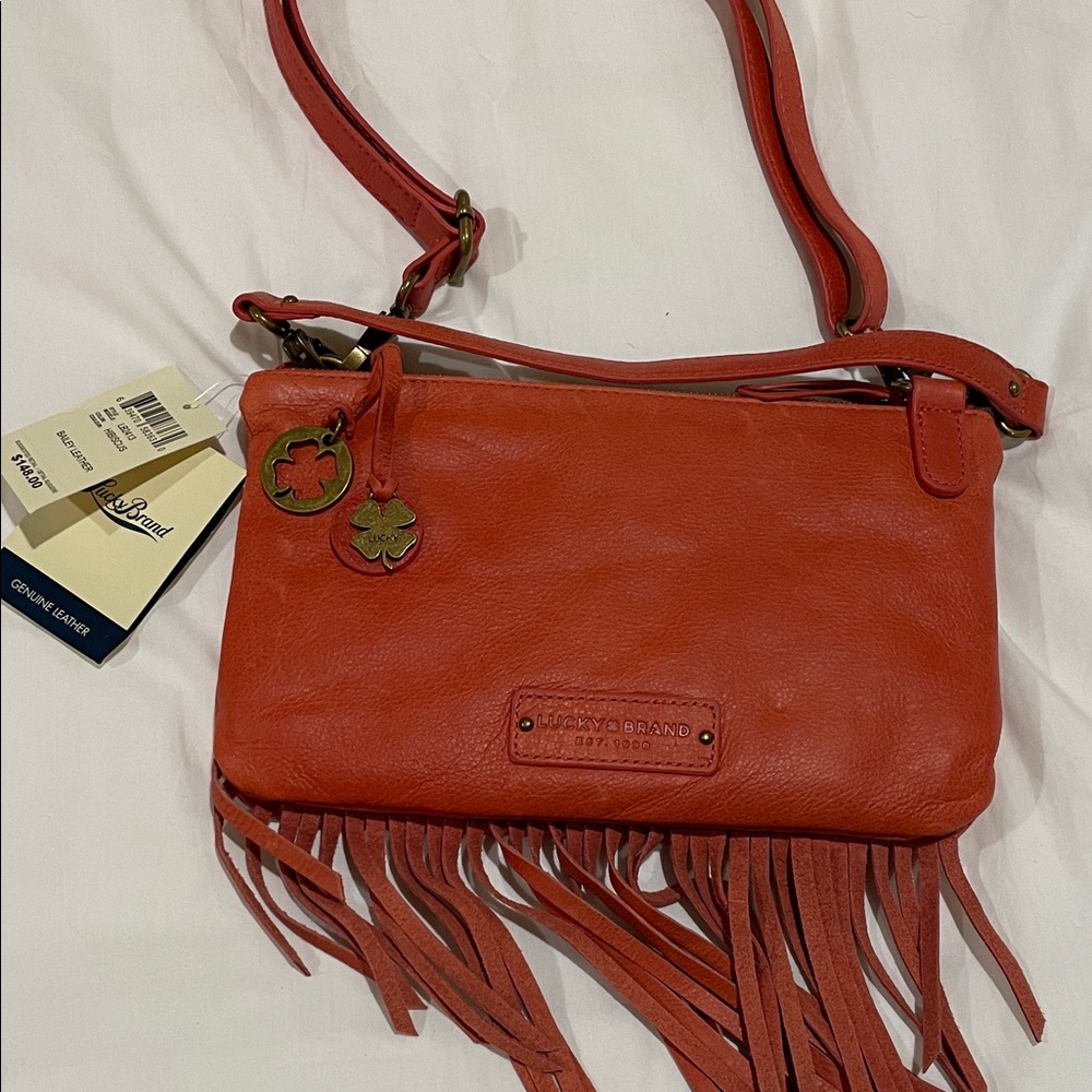 Lucky brand Red/coral/hibiscus Fringe Crossbody Bag multiple straps